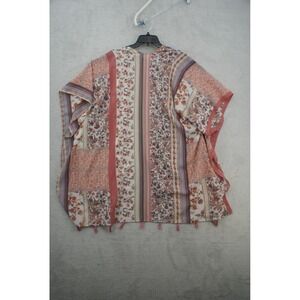 Ultra Pink Womens 1X Kimono Wrap Multi Color Floral Patchwork Tassel Trim Open